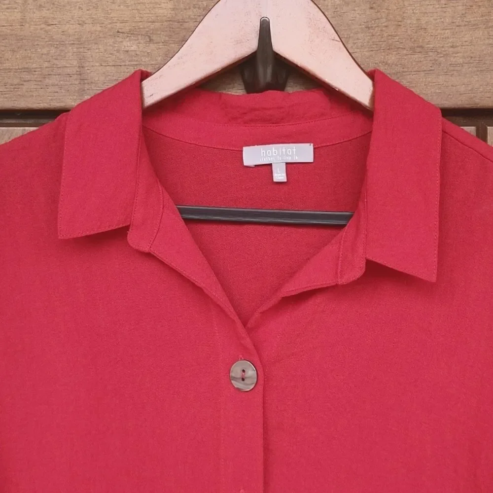Habitat Red Button Down Top Lagenlook Asymmetric Relaxed‎ Artsy Artisan Style